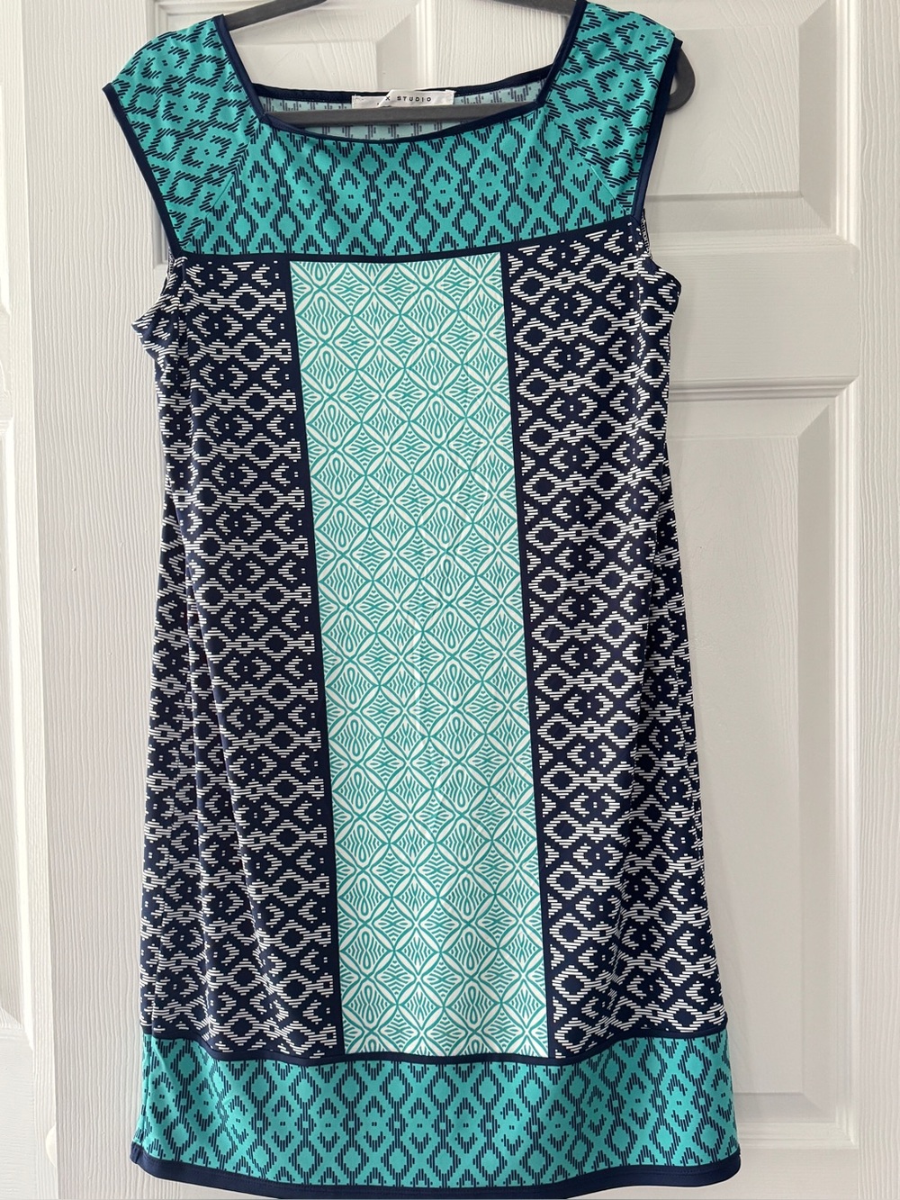 Max Studio Geometric Ponte Shift Dress in Teal and Navy